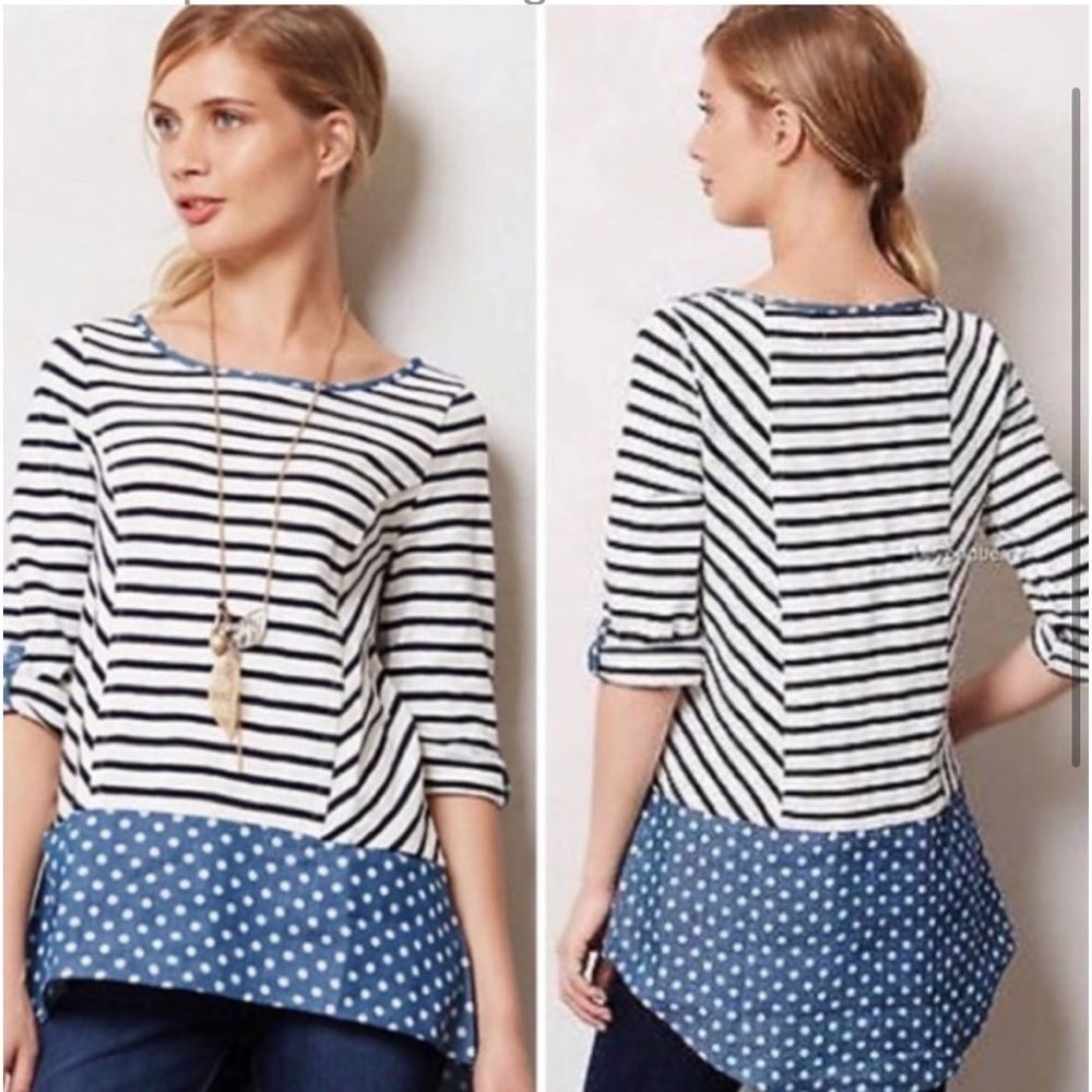 Anthropologie Postmark Striped & Polka Dot Tunic Top Pockets Size Medium
